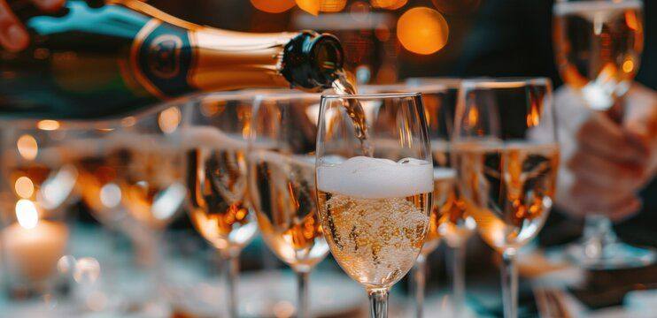 Champagne being poured into a row of glasses at a corporate reception
